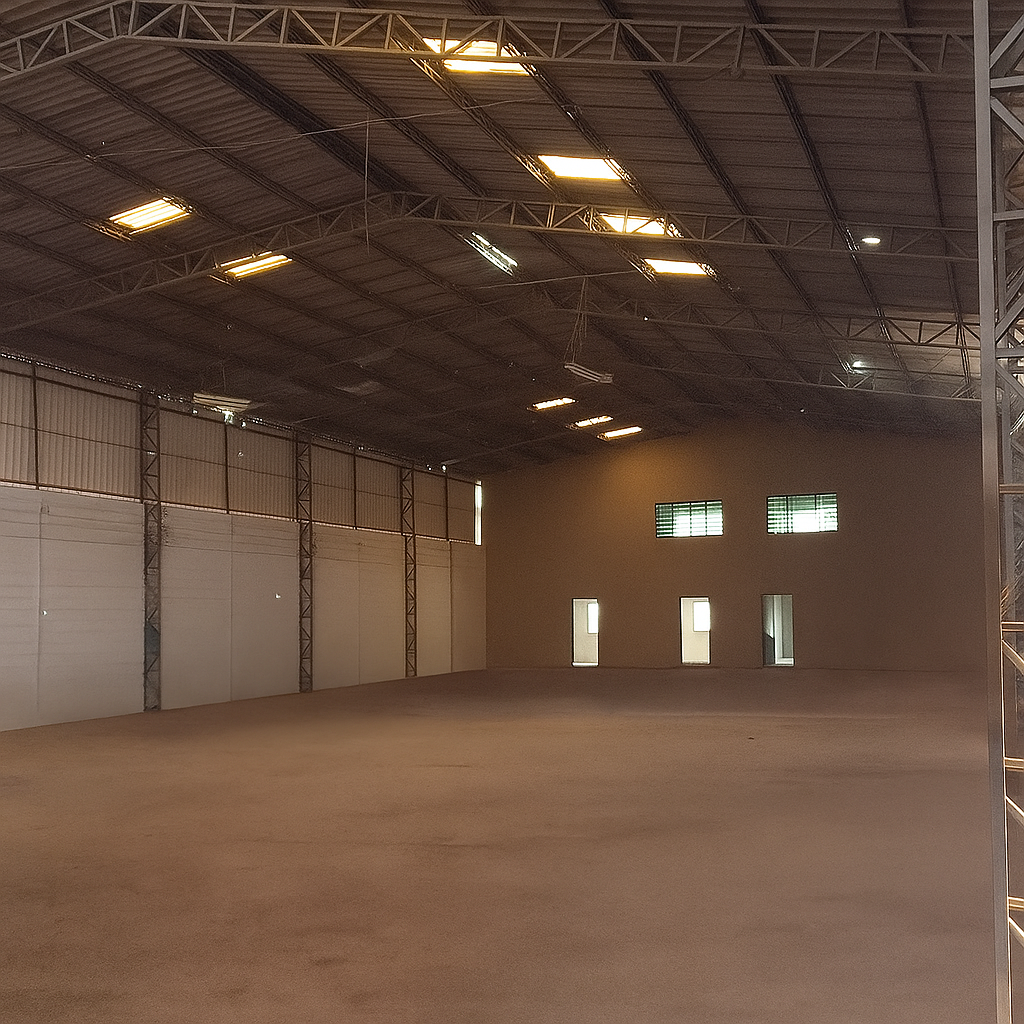 Vista interna do galpão mostrando o pé direito e a estrutura.